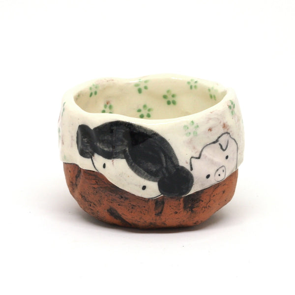 White Yunomi Tea Cup with Green Flowers