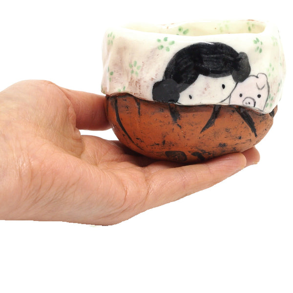 White Yunomi Tea Cup with Green Flowers