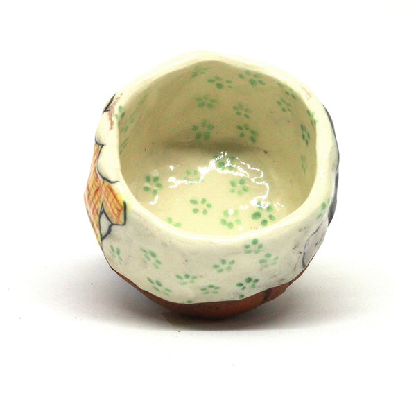 White Yunomi Tea Cup with Green Flowers