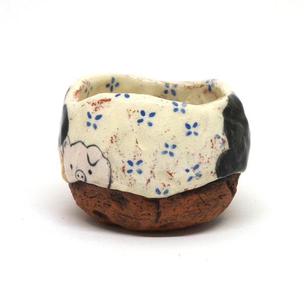 White Yunomi Tea Cup - with Blue Flowers