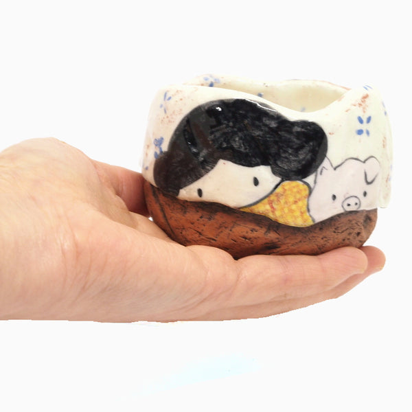 White Yunomi Tea Cup - with Blue Flowers