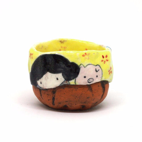 Yellow Yunomi Tea Cup with Red Flowers