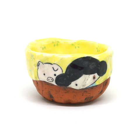Yellow Yunomi Tea Cup with Blue Flowers