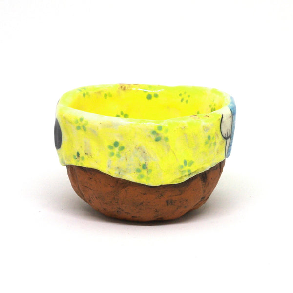 Yellow Yunomi Tea Cup with Blue Flowers