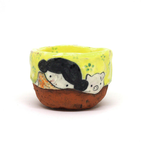 Yellow Yunomi Tea Cup with Blue Flowers