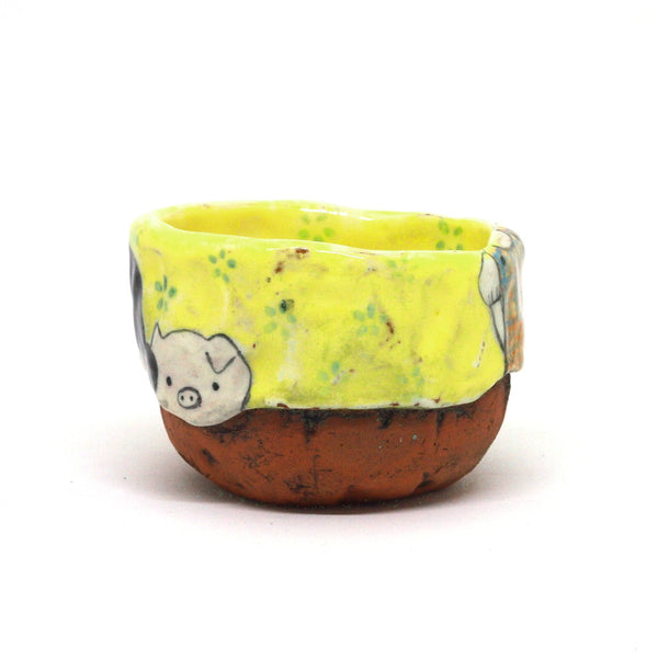Yellow Yunomi Tea Cup with Blue Flowers