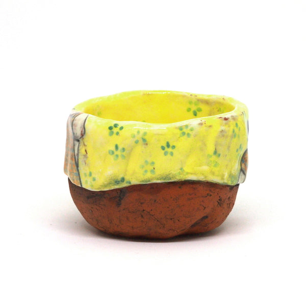 Yellow Yunomi Tea Cup with Blue Flowers