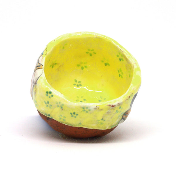 Yellow Yunomi Tea Cup with Blue Flowers