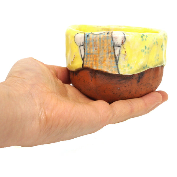 Yellow Yunomi Tea Cup with Blue Flowers