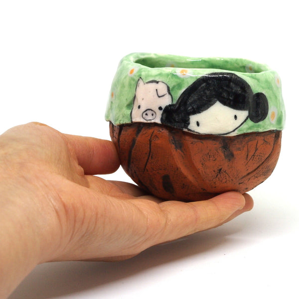 Green Yunomi Tea Cup with Polka Dots
